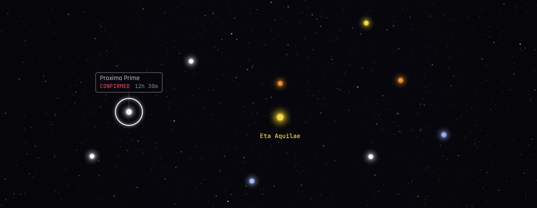 Darkling star map — stars glow in the void while a sophon watches a distant system