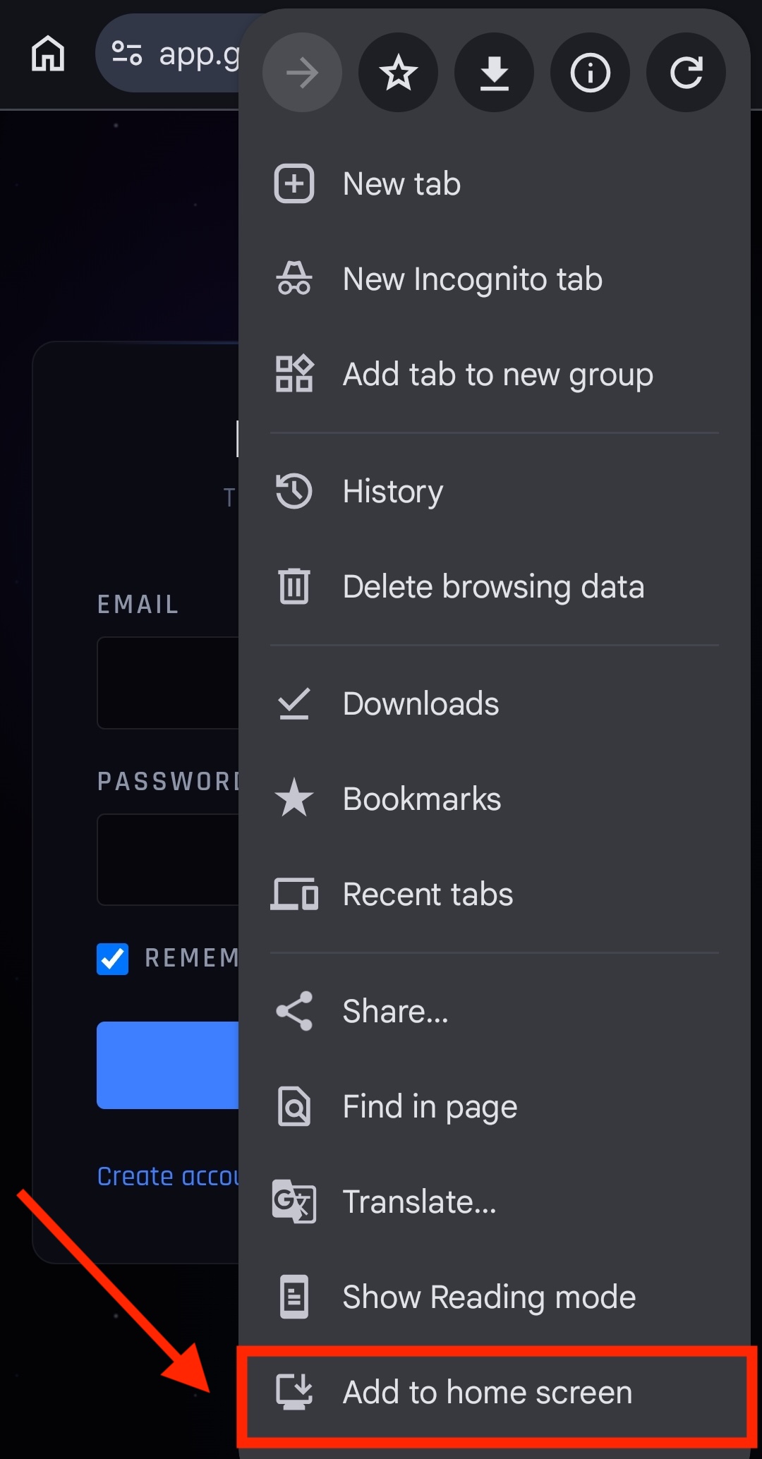 Chrome Android menu showing the Install app option