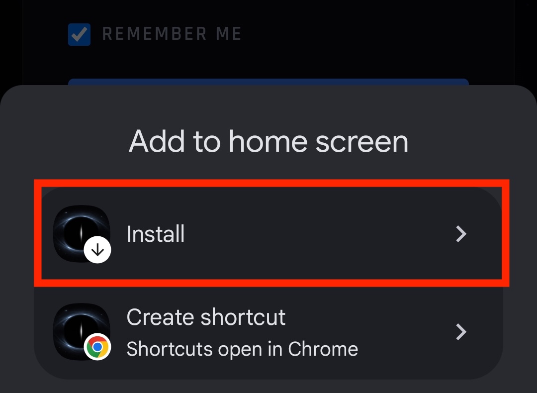 Chrome Android install confirmation dialog for Darkling