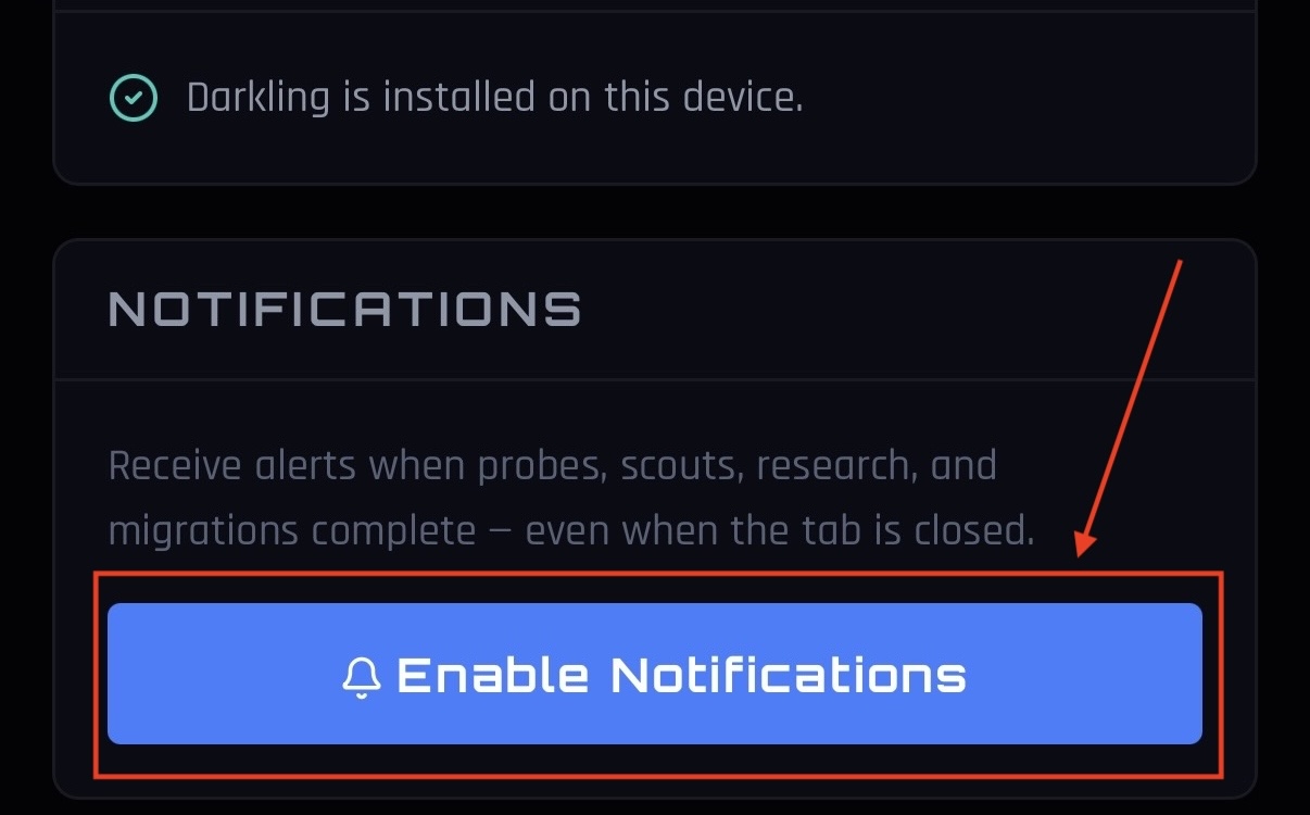 Settings screen showing the Enable Notifications button under the App panel