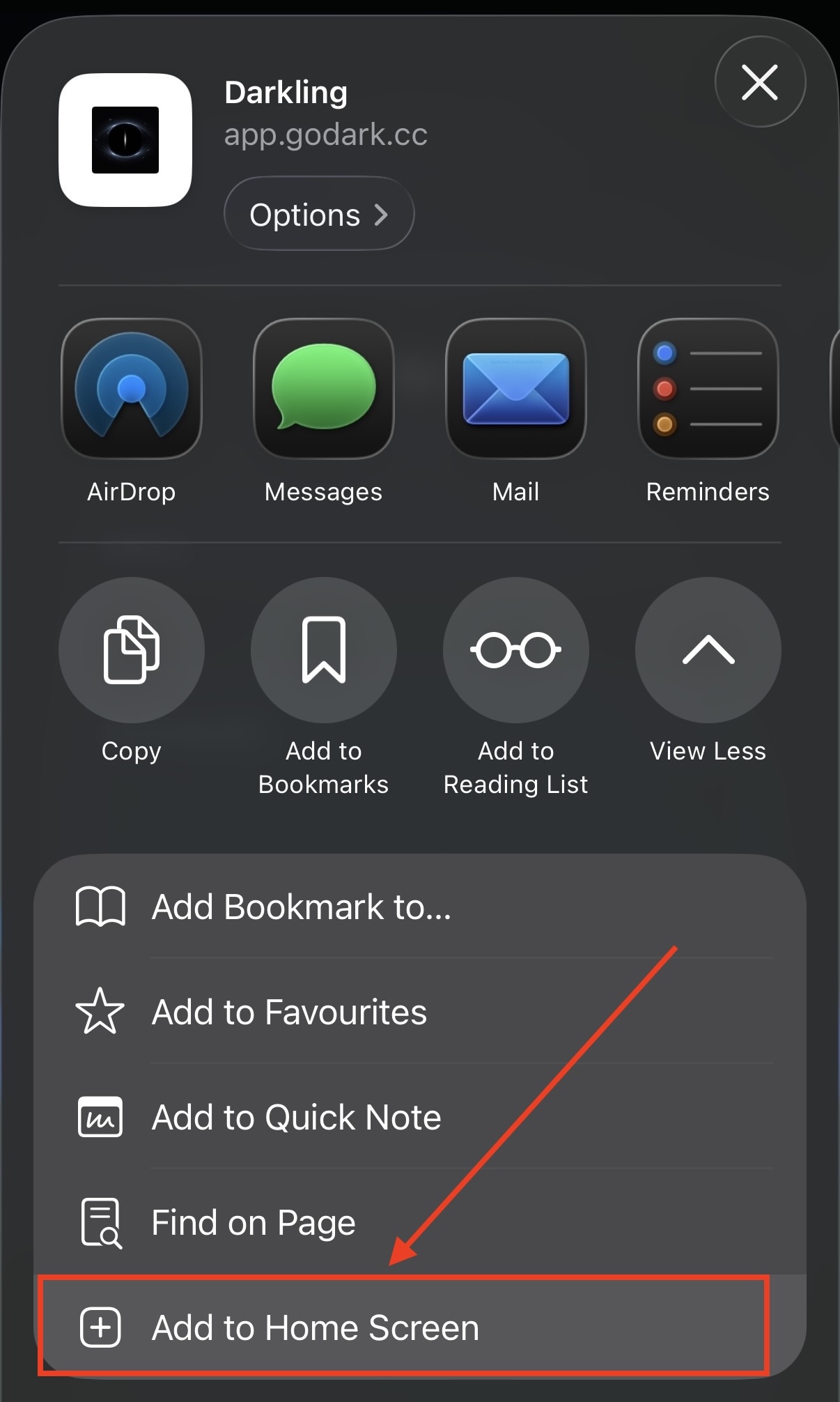 Add to Home Screen confirmation showing the Darkling app name and icon